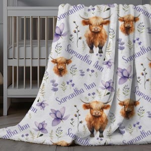 Highland Cow Blanket Personalized, Custom Baby Blanket Highland Cow, Hospital Blanket Baby Girl, Purple Floral Blanket, Baby Shower Gift