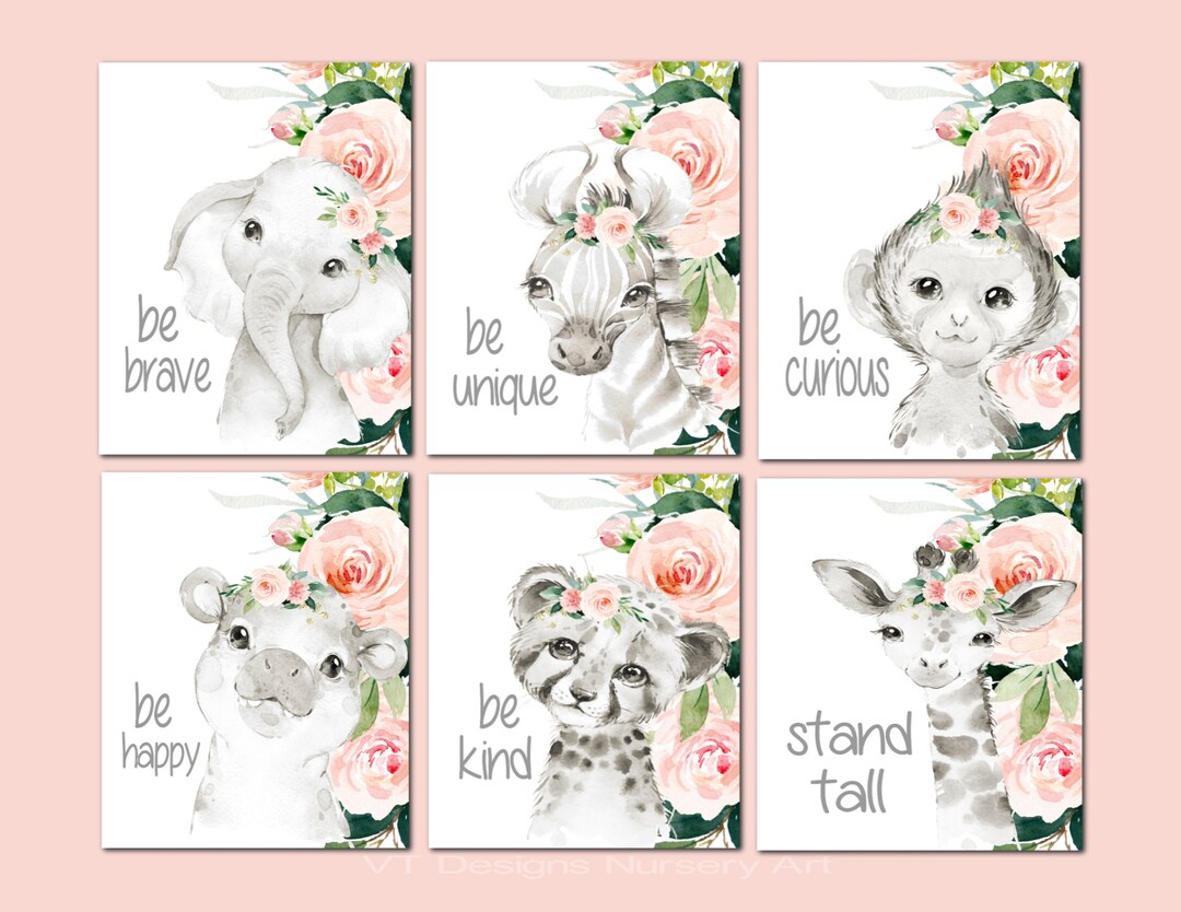 Black and White Animal Nursery Prints, Baby Girl Nursery Wall Art