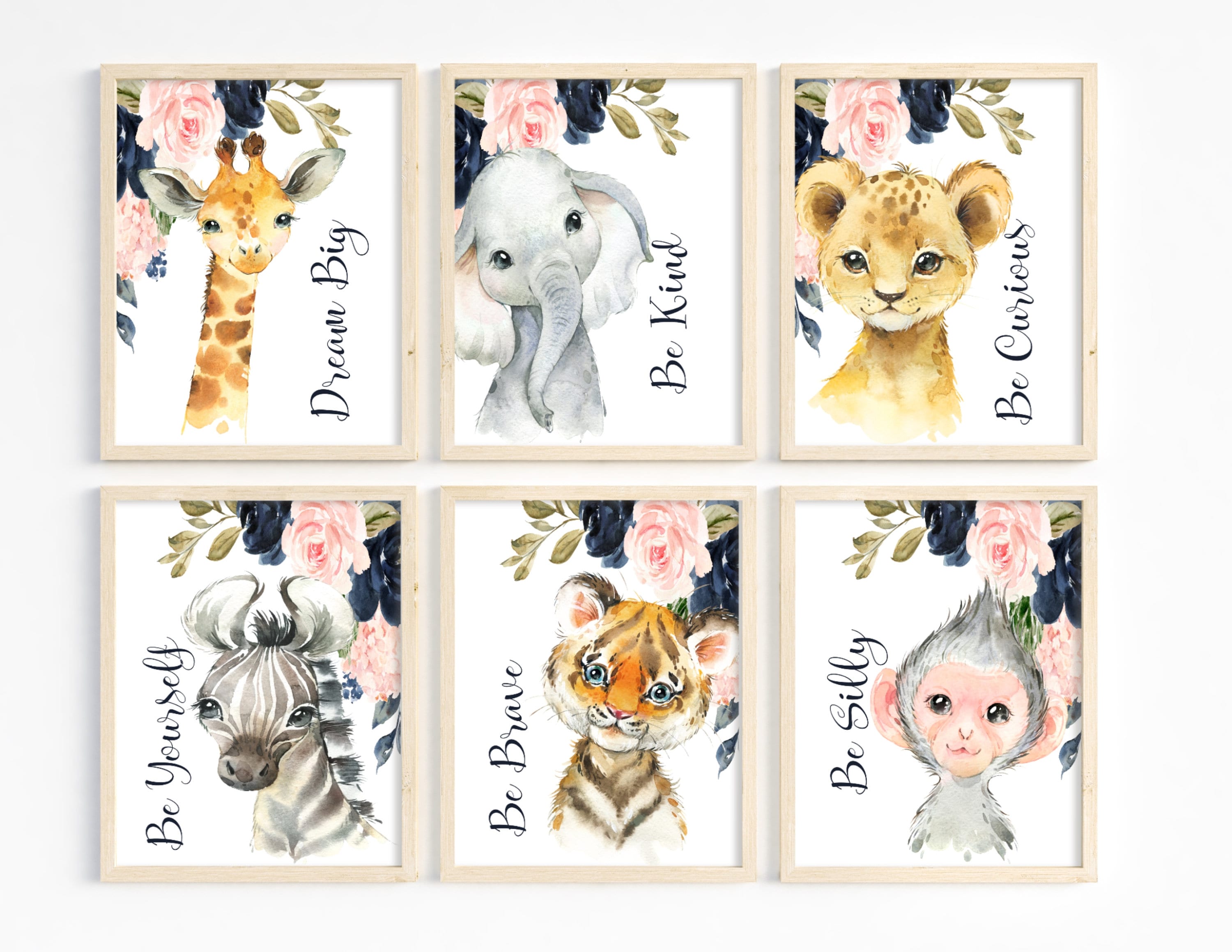 Navy Blush Nursery Decor, Safari Animals Wall Art Prints, Floral Prints ...