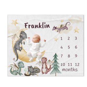 Personalized Dragon Milestone Blanket, Baby Boy Dragon Blanket, Custom Baby Shower Gift, Monthly Growth Tracker, Mythical Fairytale Blanket