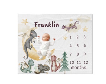 Personalized Dragon Milestone Blanket, Baby Boy Dragon Blanket, Custom Baby Shower Gift, Monthly Growth Tracker, Mythical Fairytale Blanket
