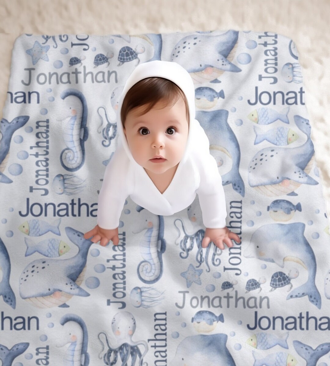 Sea Creatures Nursery Blanket, Baby Boy Name Blanket, Custom Minky