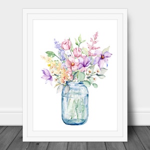 Wildflower Bouquet Watercolor Painting, Farmhouse Decor, Home Decor, Kitchen Wall Art, Foyer Print, Mason Jar Flower Print, Instant Download