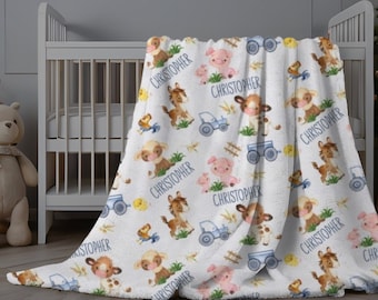Farm Animal Baby Swaddle, Personalized Farm Animal Blanket, Baby Boy Farm Blanket, Cow Name Blanket, Personalized Baby Blanket Barnyard