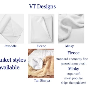Pode incluir: Um guia visual dos diferentes estilos de cobertores, incluindo swaddle, fleece, minky e sherpa bege. O texto diz "Estilos de cobertores dispon&iacute;veis" e lista as caracter&iacute;sticas de cada estilo.