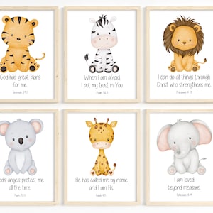 6er Set, Kinder Bibel Vers Drucke, Safari Tier Kindergarten Kunst, christliche Wandkunst, Baby-Kinderzimmer Dekor, Kinderzimmer Tierdruck, Kinderzimmer Dekor