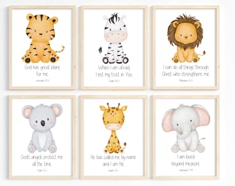 Set of 6, Kids Bible verse prints, Safari animal nursery art, Christian wall art, Baby nursery decor, Nursery animal prints, Kids room decor