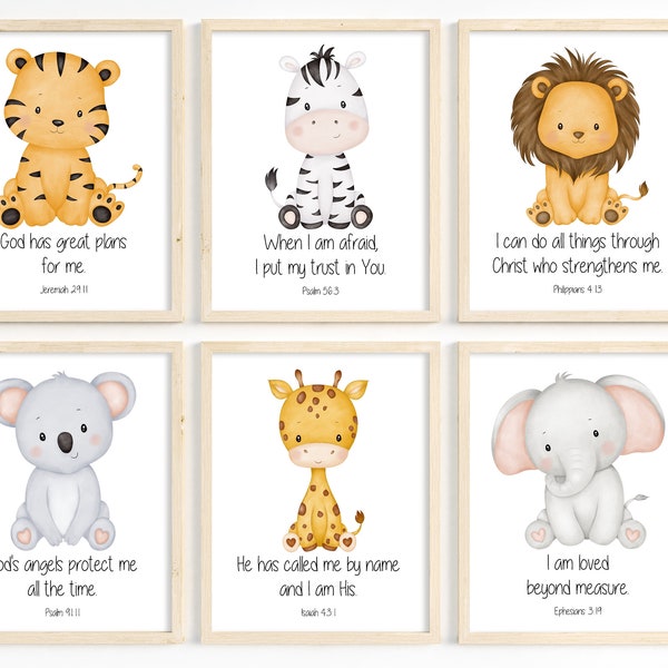 Set of 6, Kids Bible verse prints, Safari animal nursery art, Christian wall art, Baby nursery decor, Nursery animal prints, Kids room decor