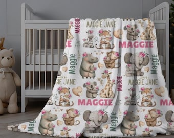 Personalized Safari Animals Blanket, Baby Girl Safari Animal Blanket, Jungle Animals Baby Swaddle, Baby Keepsake Gift, Kids Name Blanket