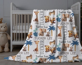Mighty Jungle Baby Blanket, Personalized Baby Boy Blanket, Safari Animals Baby Name Blanket, Custom Baby Minky Blanket, Baby Name Swaddle