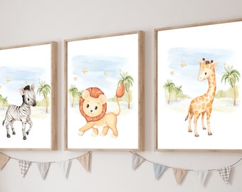 Safari animals wall art, Nursery wall art animals, Gender neutral nursery, Baby animals nursery, Baby room decor, Unframed Prints or Canvas