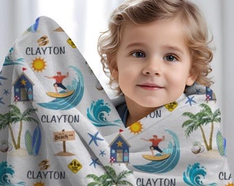 Surfer Baby Blanket Personalized, Baby Boy Surfing Blanket, Beach Theme Baby Gift, Custom Infant Surfer Dude Swaddle, Boy Name Blanket Ocean