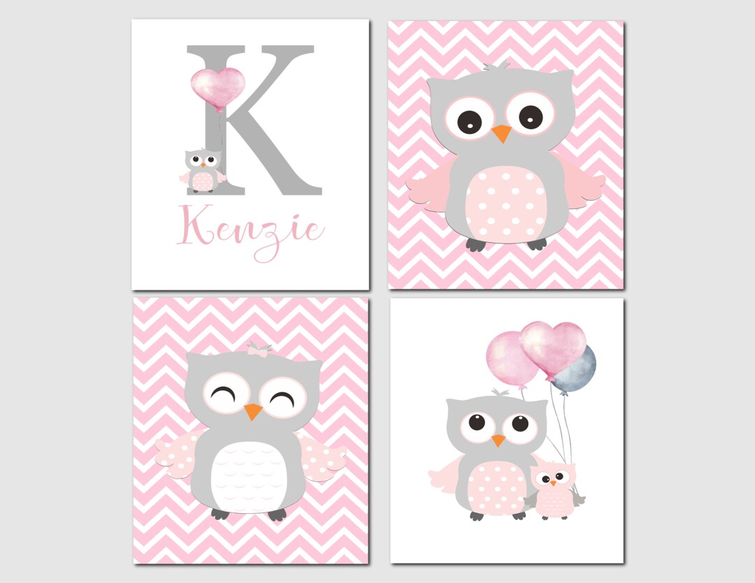 Owl Nursery Wall Art, Pink Gray Baby Girl Nursery, Owl Wall Art Prints