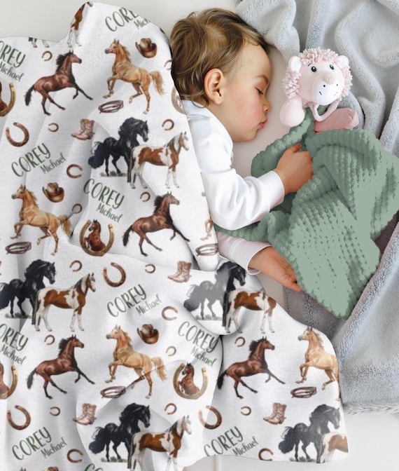 Personalized Baby Blanket with Horses, Western Blanket Toddler Boy, Gift for Horse Lover, Cowboy Swaddle Infant Boy, Baby Shower Present