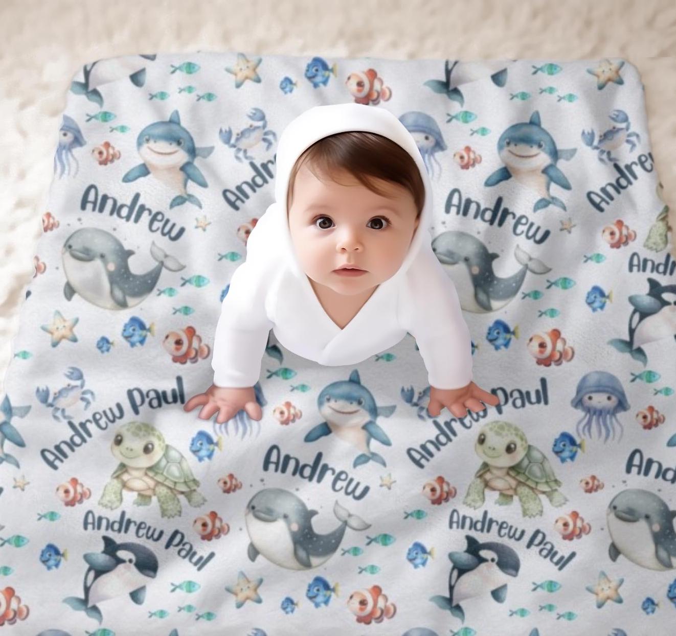 Sea Creatures Swaddle Blanket, Personalized Baby Boy Blanket Ocean ...