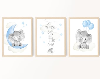 Set of 3, Baby Boy Nursery Decor, Elephant Nursery Art, Dream Big Print, Blue Gray Nursery Wall Art, Elephant Baby Room Art, Digital Files