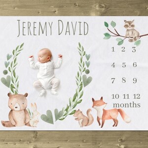 Bear Milestone Blanket, Personalized Baby Blanket, Woodland Animal Baby Boy Month Blanket, Forest Animal Baby Growth Blanket, Fox Raccoon