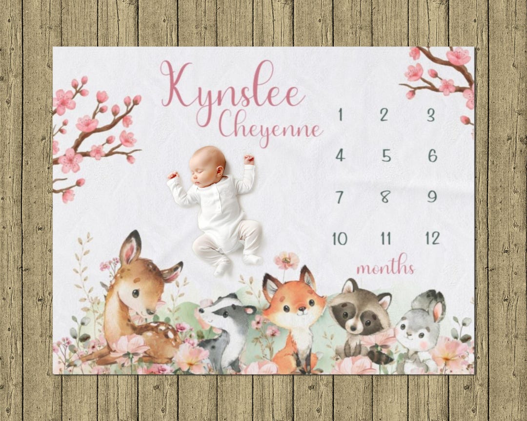 Woodland Milestone Blanket, Baby Girl Monthly Grow Mat, Personalized ...