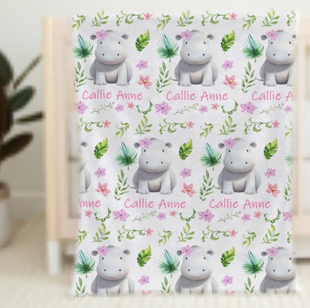 Personalized Baby Blanket, Hippos Name Blanket, Custom Baby Girl Minky