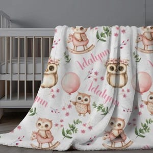 Custom Owl Swaddle, Personalized Owl Blanket Girl, Owl Swaddle with Name, Pink Floral Baby Girl Blanket, Owl Nursery, Name Blanket with Owl
