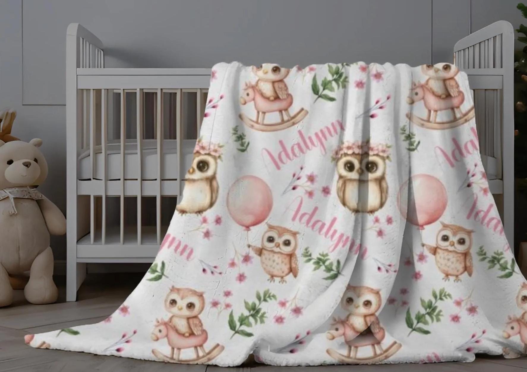 Custom Owl Swaddle, Personalized Owl Blanket Girl, Owl Swaddle with Name, Pink Floral Baby Girl Blan