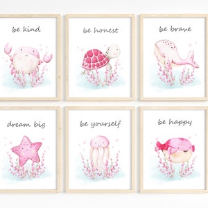 Sea animal prints, Girl nautical nursery decor, Nursery ocean prints, Sea creatures wall art, Be Happy watercolor wall art, 6 Printable