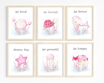 Sea animal prints, Girl nautical nursery decor, Nursery ocean prints, Sea creatures wall art, Be Happy watercolor wall art, 6 Printable