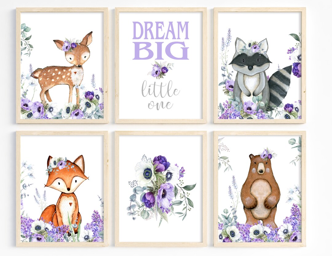Purple Floral Woodland Nursery Art, Baby Girl Nursery Wall Art Prints ...