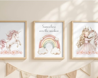 Baby Girl Nursery Art Unicorns, Princess Toddler Room, Rainbow Prints, Fairytale Bedroom, Unicorn Print, Set of 3, Canvas or Unframed Prints