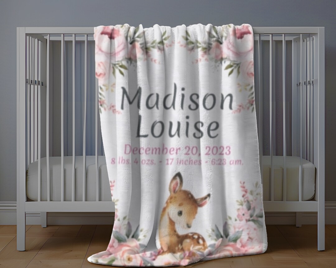 Baby Birth Stats Blanket, Personalized Baby Blanket, Deer and Flowers