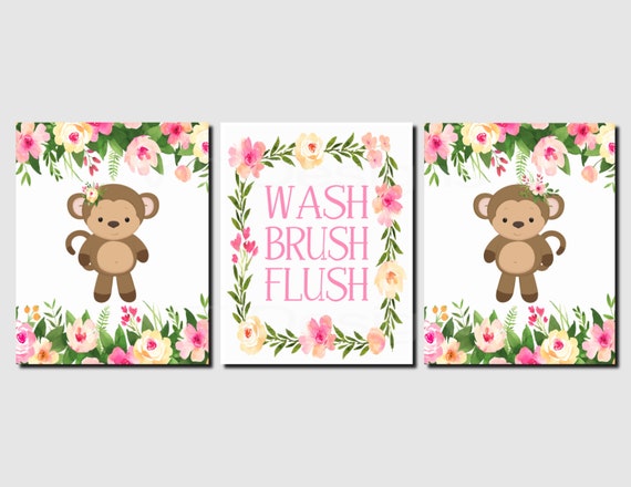 Monkey Bathroom Decor Kids Bathroom Art Monkey Floral Wash Etsy