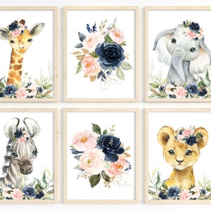 Decorazione per la cameretta dei bambini blu navy, blu navy, arte floreale per la cameretta dei bambini, arte per la cameretta delle bambine, arte murale con animali da safari, decorazione per la cameretta delle bambine, fiori, stampabile