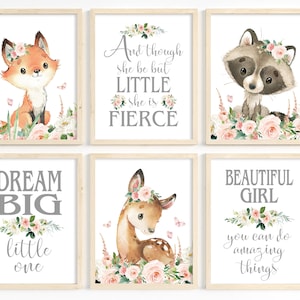 Girl Nursery Art, Woodland Animals, Girl Room Decor, Woodland Theme, Baby Animal Prints, Blush Flower Wall Art, Forest Animal, Printable