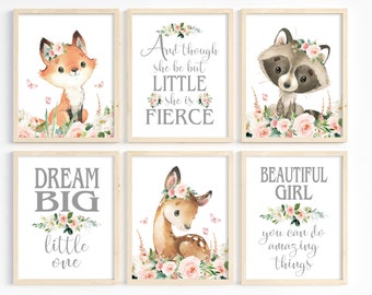 Girl Nursery Art, Woodland Animals, Girl Room Decor, Woodland Theme, Baby Animal Prints, Blush Flower Wall Art, Forest Animal, Printable