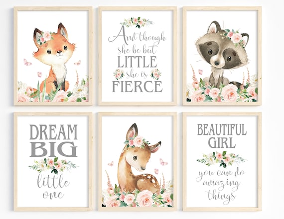 Girl Nursery Art, Woodland Animals, Girl Room Decor, Woodland Theme, Baby Animal Prints, Blush Flower Wall Art, Forest Animal, Printable