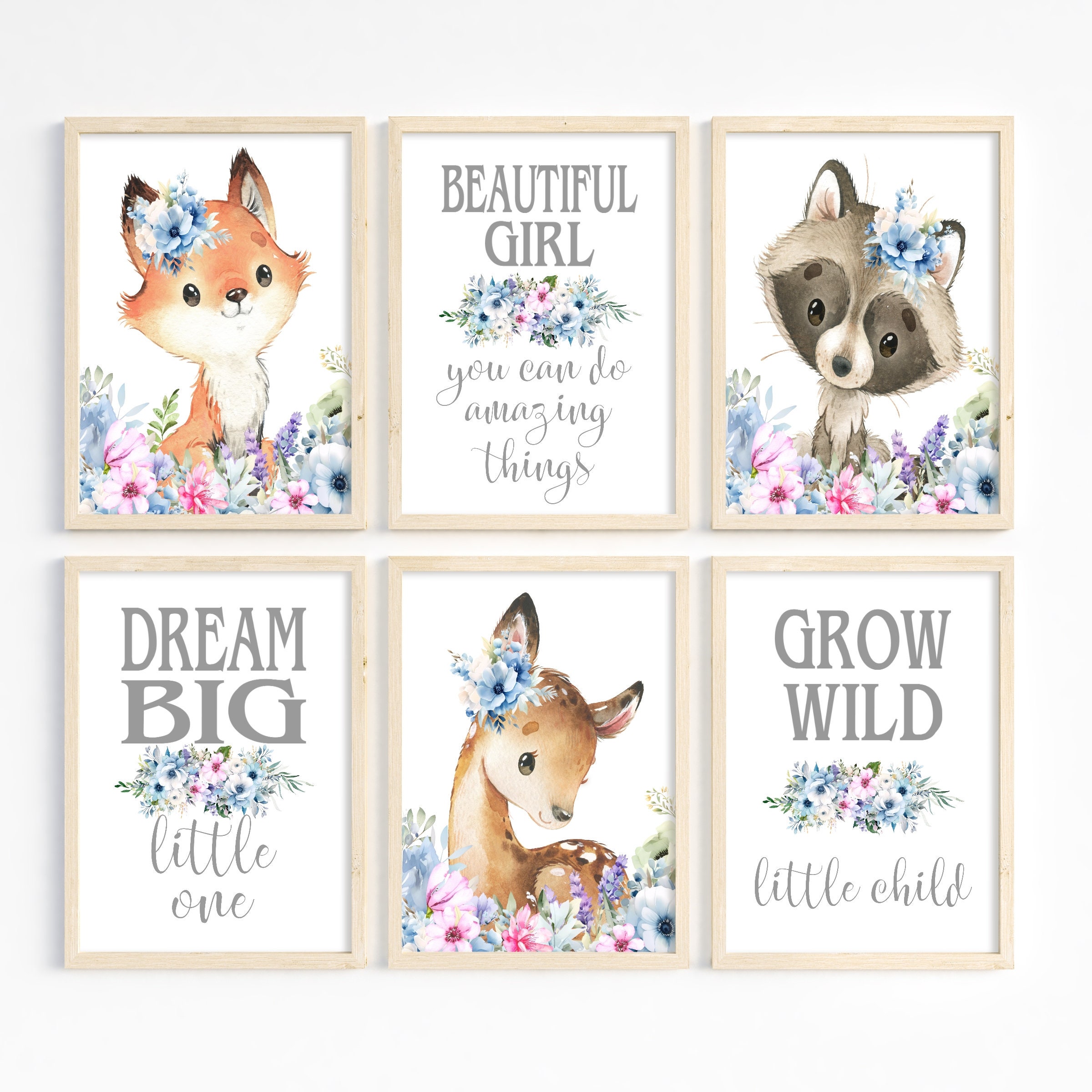 Baby Girl Nursery Art, Blue Purple Pink Wall Art, Woodland Animals ...
