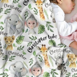 Safari Animal Blanket Personalized, Baby Boy Name Blanket, Custom Jungle Animal Baby Blanket, Baby Boy Swaddle, Baby Shower Gift for Boy