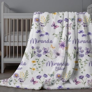 Purple Baby Blanket, Purple Yellow Wildflower Blanket, Personalized Baby Girl Blanket, Custom Purple Floral Infant Swaddle, Baby Shower Gift