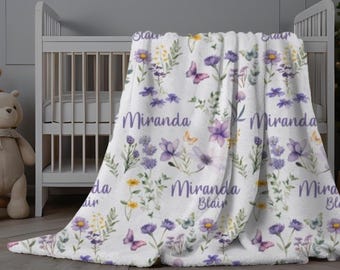 Purple Baby Blanket, Purple Yellow Wildflower Blanket, Personalized Baby Girl Blanket, Custom Purple Floral Infant Swaddle, Baby Shower Gift