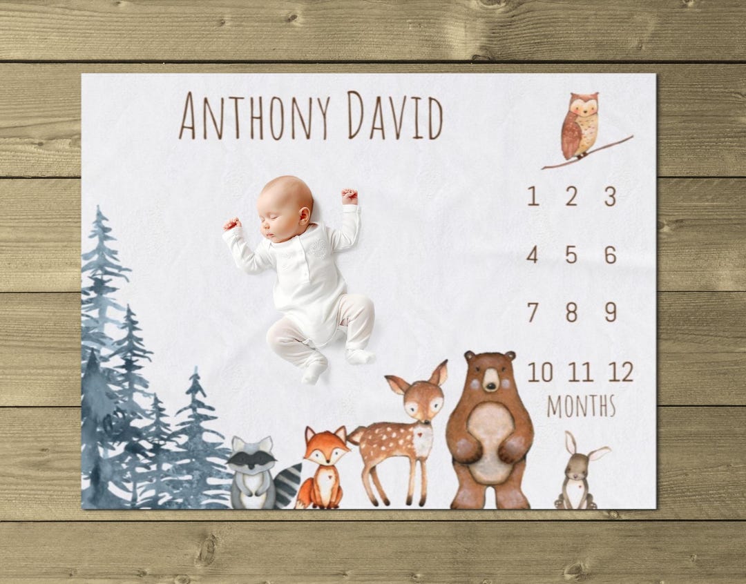 Woodland Boy Milestone Blanket, Baby Boy Growth Blanket, Woodland