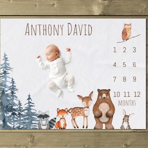 Woodland Boy Milestone Blanket, Baby Boy Growth Blanket, Woodland Animals Month Blanket, Personalized Boy Blanket, Boy Photo Prop Blanket