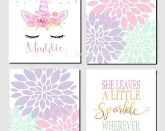 Unicorn Nursery Art, Girl Nursery Art, Kids Wall Art, Mint, Purple, Pink, She leaves a little sparkle, Set of 4, Unframed Prints or Canvas