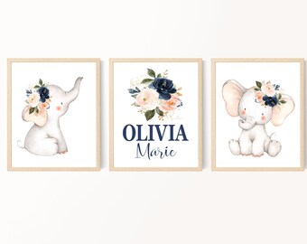 Personalized Kids Wall Art, Girl Nursery Decor, Elephant Nursery Art, Navy Blush Safari Animals Nursery Decor, 3 Unframed Prints or Canvas