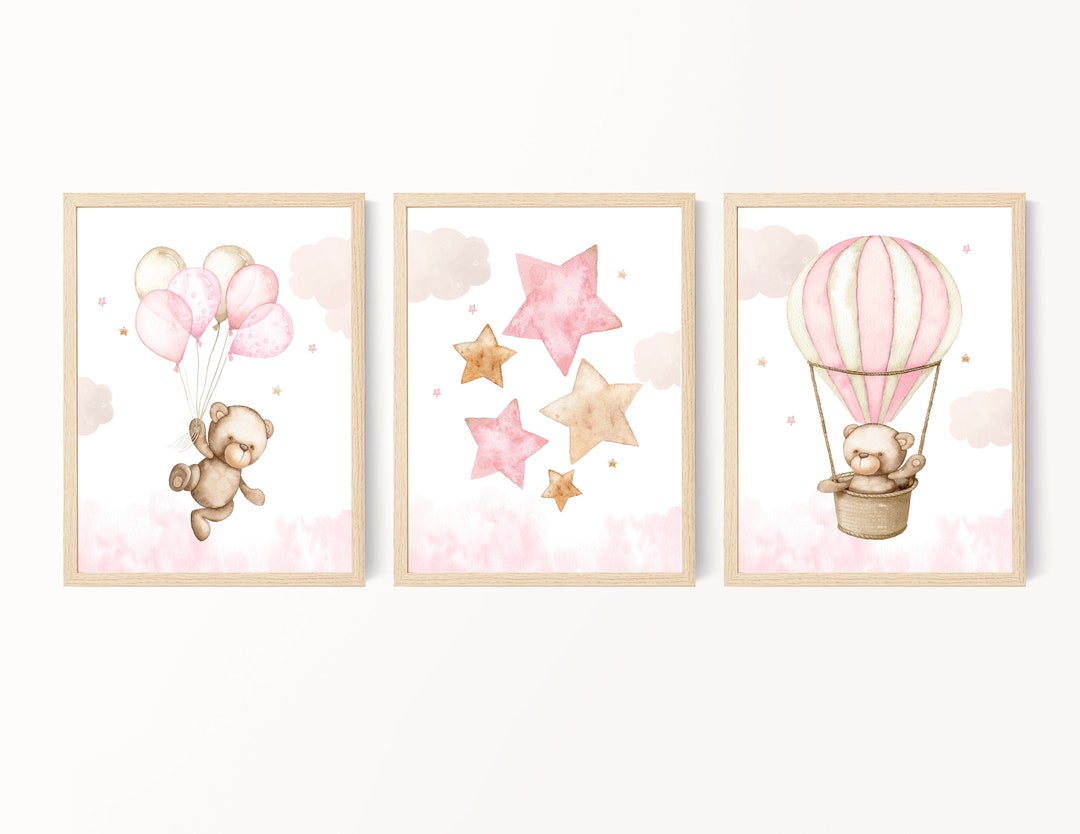 Set of 3 Pink Nursery Prints Girl Room Decor Clouds Print Etsy