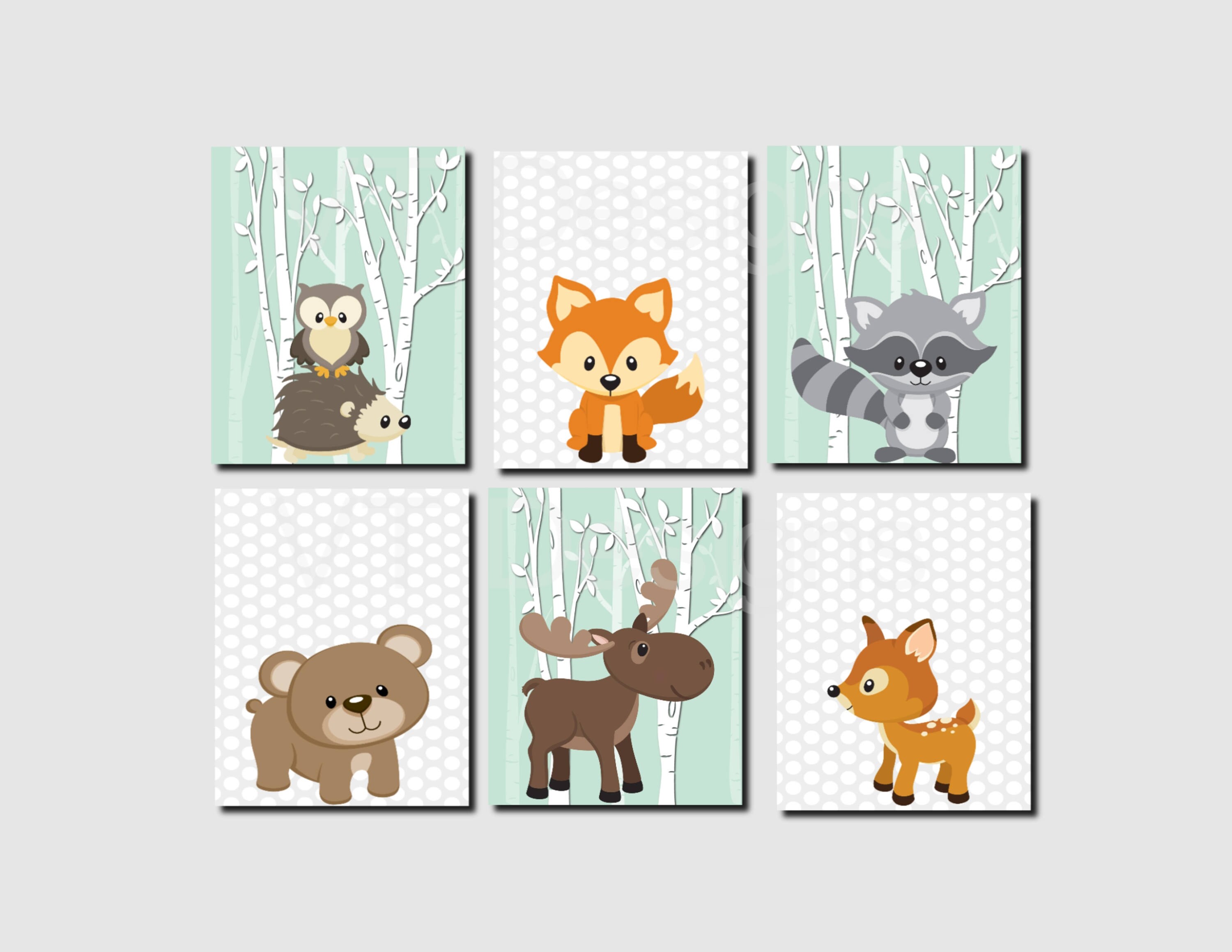 Woodland Nursery Woodland Wall Decor Kids Mint Gray Girl Etsy
