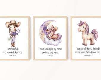 Western girl nursery art, Kids Bible verse wall art, Horse print, Purple room decor, Scripture prints for kids, Unframed Prints or Canvas