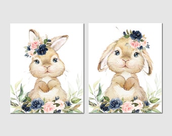 Bunny Rabbit Nursery Prints, Bunny Room Decor, Blush Navy Floral Nursery Art, Baby Girl Room Decor, Girl Bedroom Art, Printable Nursery Art