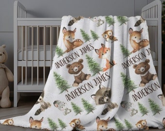 Woodland Blanket Baby Boy, Personalized Baby Blanket, Forest Animals Blanket, Pine Tree Blanket, Custom Baby Name Swaddle, Personalized Gift