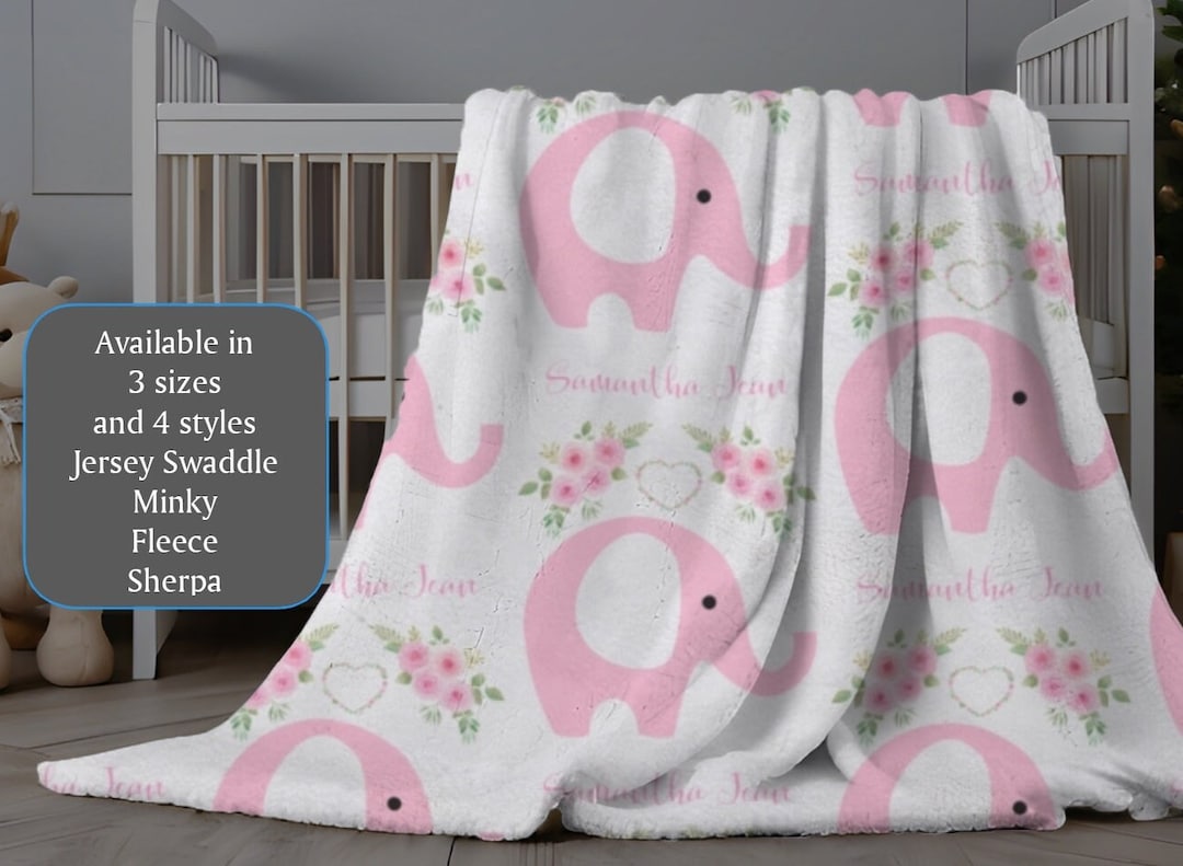 Pink Elephant Baby Blanket, Personalized Baby Name Blanket, Custom