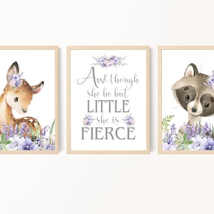 Girl Nursery Art, Woodland Animals, Girl Room Decor, Woodland Theme, Baby Forest Animal Prints, Purple Lavender Flower Wall Art, Printable
